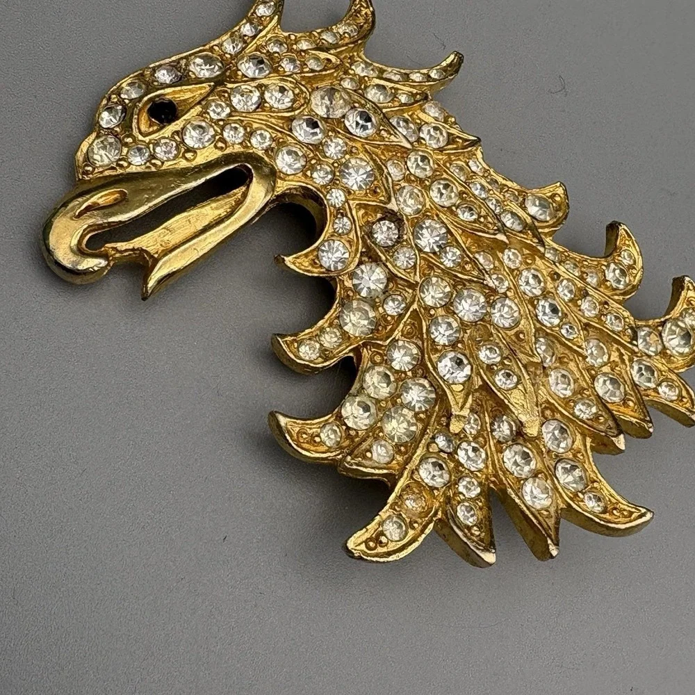 RARE Cadoro Brooch Griffin Winged Lion Rhinestone Heraldic 24K Gold Plate